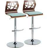 Folia Adjustable Swivel Bar Stool in Chrome, Walnut Wood & Teal Fabric (Set of 2)